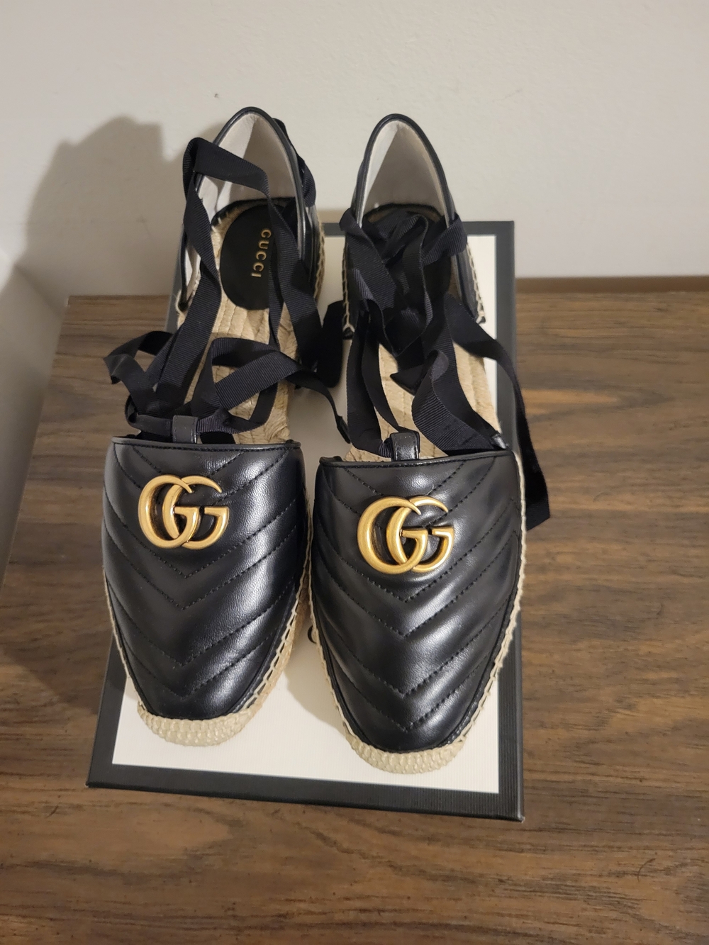 Gucci Black Quilted Leather Espadrille Flats with Gold Double G